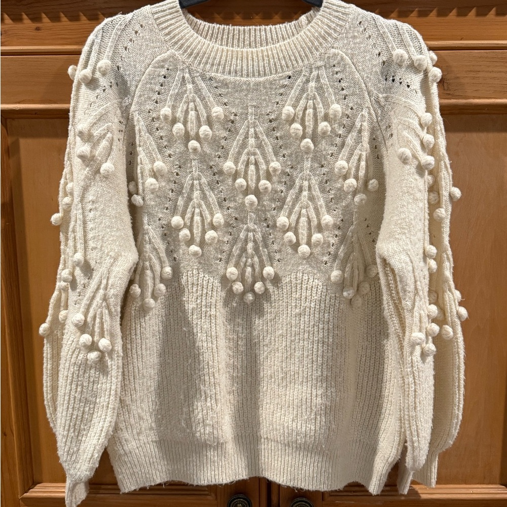 Soft & Cozy Cream Sweater with Pom Pom Detailing (size Medium)